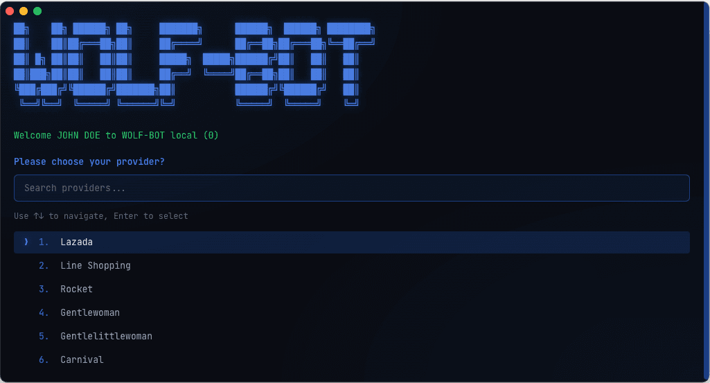 WOLF-BOT CLI interface showing provider selection menu with options for Lazada, Line Shopping, Rocket, Gentlewoman, Gentlelittlewoman, and Carnival